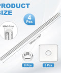 Image showing product size and contents of Heavy Duty Fully Threaded M4x100mm Stainless Steel Rods Set For Structural Fastening And Mounting With Nuts And Washers, 304 Grade, Right Hand Threads, 4 Pack, Great For Machine Tools, Guide Rails, And Anchoring Projects; includes 4 rods, 8 nuts, 8 washers.