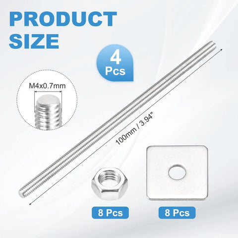 Image showing product size and contents of Heavy Duty Fully Threaded M4x100mm Stainless Steel Rods Set For Structural Fastening And Mounting With Nuts And Washers, 304 Grade, Right Hand Threads, 4 Pack, Great For Machine Tools, Guide Rails, And Anchoring Projects; includes 4 rods, 8 nuts, 8 washers.
