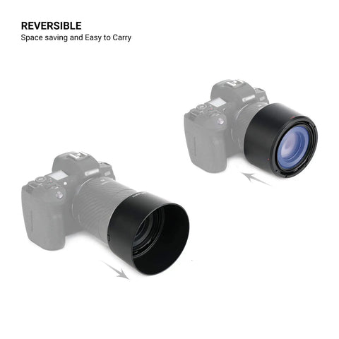 Reversible Lens Hood Replacement For RF 85mm F2 Macro IS STM On EOS R Series Cameras shown in reversed and mounted positions
