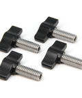 Rugged Workhorse Heavy Duty Thumb Screws With Durable Black Aluminum Knobs Crafted For Hassle Free Tool Free Assembly Quick Fixes And Serious Garage Hacks Four Pack, black knobs with stainless steel threads.