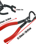 Exhaust hanger removal pliers with red grips and black metal jaws for rubber hanger brackets