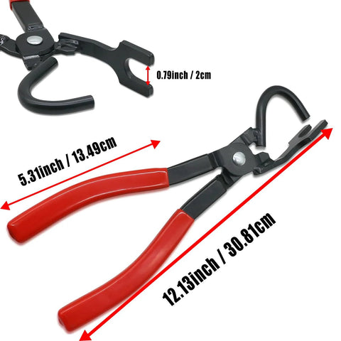 Exhaust hanger removal pliers with red grips and black metal jaws for rubber hanger brackets