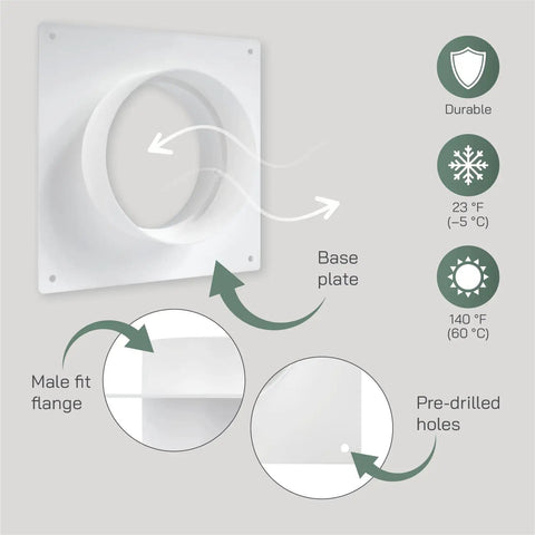 Diagram showing 4 Inch Plastic Duct Connector Flange For HVAC Ventilation System with pre-drilled holes and base plate.