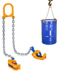 Heavy Duty 55 Gallon Drum Lift Chain Hoist For Steel And Plastic Drums, showing hoist, chain, and blue drum.