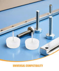 Close-up of 100-Pack White Nail-On Furniture Glides For Sofas And Chairs with metal nails on blue surface