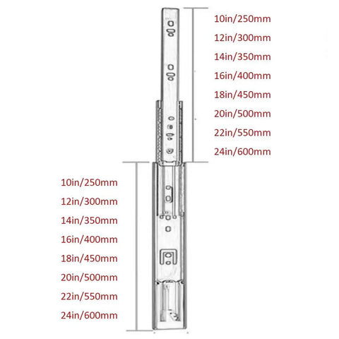 Diagram of Soft Close Drawer Slides With 3 Fold Full Extension Telescoping Rails, detailing sizes from 10 to 24 inches.