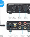 Front and back view of BT10A Bluetooth 5.0 Stereo Amplifier Receiver 2 Channel Class D Mini Hi Fi Integrated Amp with controls and inputs