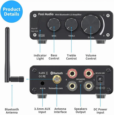 Front and back view of BT10A Bluetooth 5.0 Stereo Amplifier Receiver 2 Channel Class D Mini Hi Fi Integrated Amp with controls and inputs