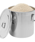 Heavy Duty Stainless Steel Canister With Airtight Lids Keep Your Pantry Stale Free Organize Rice Flour Grain And Coffee Lock In Freshness Bulk Food Storage Bucket 8.7 Gallon filled with rice