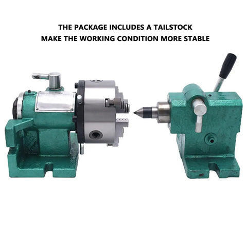 Straight Up Heavy Duty Six Inch Cnc Rotary Indexing Table With Universal Dividing Head For Horizontal And Vertical Milling Machines Featuring Slick Cast Iron Build And 3 Jaw Lathe Chuck Compatibility with included tailstock for stability.