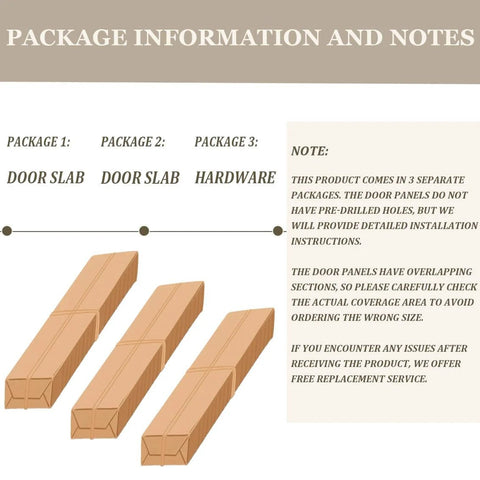 Illustration of packaging details for 84 Inch By 84 Inch Sliding Bypass Barn Door Set With Six Point Nine Eight Foot Silver Hardware Kit.
