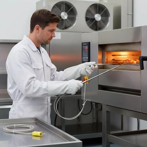 Technician using 2-Pack Type K Thermocouple Probe With Flexible Sensor For High Temperature Measurements Go-To Tool For Serious Heat Minus 40 To 1100 Fahrenheit 0.06 Inch Diameter 40 Inch Cable Plus Minus 0.05 Percent Accuracy Durable Replacement For Industrial Ovens in industrial oven