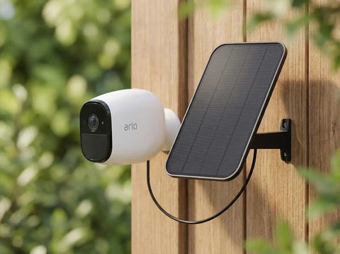 3.2W Solar Panel For Security Cameras Compatible With Arlo Essential XL Waterproof Charger With 13Ft Cable And 360 Degree Adjustable Mount Micro USB And USB C For 5V Rechargeable Cameras mounted on a wooden wall.