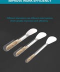 Filling Tools Kit for Home and Lab with Empty Funnel Tray Spoon Scoops Spatula and Tamper, showing three metal spoons.