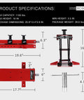 Motorcycle Lift 1100 Lbs Center Scissor Lift Jack With Saddle And Safety Pins dimensions and features in red and black finish.