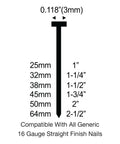 Diagram showing sizes of 16 gauge straight finish nails; compatible with Pneumatic 16 Gauge Straight Finish Nailer With 2000 Nails Pro Grade.