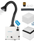 100W Solder Fume Extractor With 240m3h Suction, 3 Layer Filtration for welding and laser cutting, components and filters shown