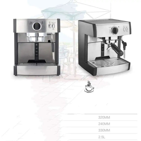 Front and side view of Professional Single Pump Semi Automatic Espresso Coffee Machine For Home Brew Barista Style Shots Stainless Steel Body 110 To 240V Easy Pull Espresso Durable Build Makes Rich Creamy Espresso Every Time, showcasing stainless steel finish and control buttons