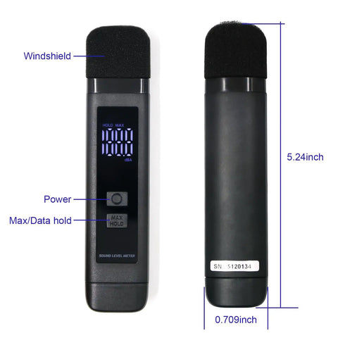 Digital Decibel Meter With LCD Display And Max Data Hold Battery Indicator Pocket SPL Sound Level Meter For Home Office And Noisy Neighbors 30 To 130 DBA Rechargeable, 5.24-inch black unit with windshield