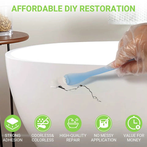 Applying Porcelain Repair Kit For Tub And Tile Cracks Chips And Dents, Fast Fix Bathroom Repair Tool on a bathtub surface
