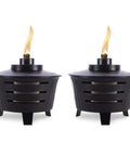 Mini Fire Pit Tabletop Torch Set Two Pack for Patio Backyard and Garden Black Metal Flame Torches With Long Lasting Wick