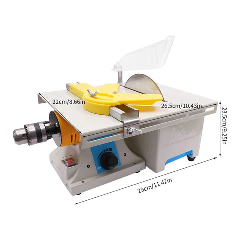 Do It All Mini Saw For Woodworking And Rock Cutting 750W Electric Grinder Polisher with dimensions and clear shield