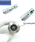 Seven Piece One Half Inch NPT Air Coupler Plug Set For Air Compressors And Hoses With Quick Connect Fittings, Zinc Plated Beefy Durability, Leak Free Seals, Broad Half Inch NPT Compatibility, Garage Or Shop Ready For DIY Pros. chrome quick-connect fittings with hose end