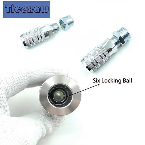 Seven Piece One Half Inch NPT Air Coupler Plug Set For Air Compressors And Hoses With Quick Connect Fittings, Zinc Plated Beefy Durability, Leak Free Seals, Broad Half Inch NPT Compatibility, Garage Or Shop Ready For DIY Pros. chrome quick-connect fittings with hose end