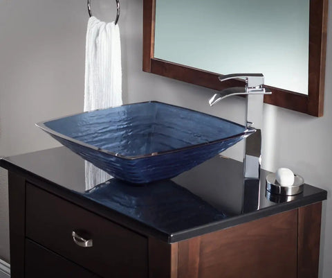 Dark Blue Frosted Glass Vessel Sink Square Above Counter Style For A Slick Modern Bath Upgrade on dark countertop