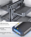 Detail of Blind Corner Cabinet Pull Out Organizer showing steel frame, tempered glass shelves, and anti-slip plate.