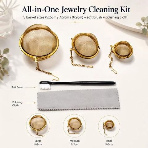 Slick All In One Jewelry Cleaning Kit Featuring Three Stainless Steel Ultrasonic Baskets, soft brush, and polishing cloth on display.
