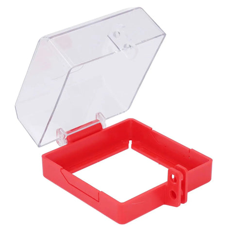 Emergency Stop Button Cover And Switch Protector Transparent Case With Mounting Parts For Industrial Equipment Keeps Unauthorized Use In Check During Maintenance Red ABS Base And Clear PC Body, 105x105x63 mm