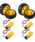 Four Pack TT Motors With 1 To 48 Gearbox Dual Shaft, 3 To 6V, 200 RPM, Wheel Kit For Arduino DIY Smart Car Robots components displayed