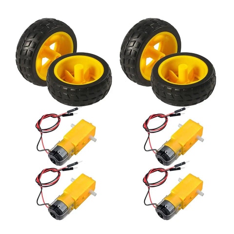 Four Pack TT Motors With 1 To 48 Gearbox Dual Shaft, 3 To 6V, 200 RPM, Wheel Kit For Arduino DIY Smart Car Robots components displayed
