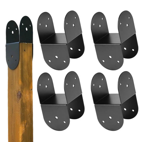 Heavy Duty Waterproof 4x4 Post Brackets Set For Outdoor Wood Posts Pergola Fence Gazebo Deck Gate Garden Support Reinforced Structural Brackets For Weatherproof Yard Construction, showing metal brackets and wooden post.