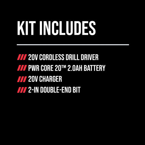 Kit contents list for 20V Brushless Drill Driver Kit With 2.0Ah Battery And Charger, PWR CORE 20 Power, Beefy Up To 400 In-Lbs Torque