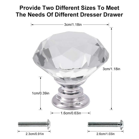Crystal Glass Cabinet Knobs Set of 10 Diamond Shape 30mm Clear Drawer Pulls with dimensions and screws visible