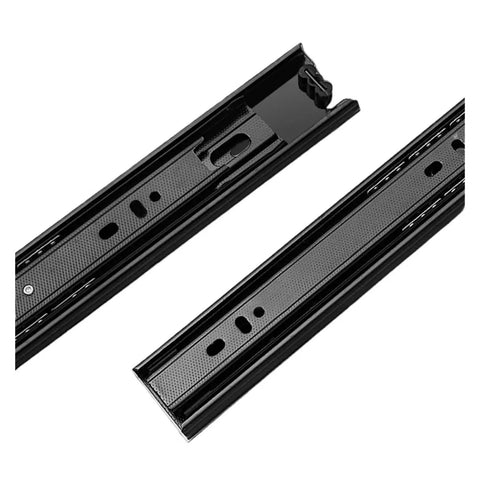 Rolls Like A Dream Three Section Drawer Slides With Hidden Bottom Mount Design For Smooth Cabinet Upgrades in black metal finish.