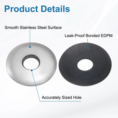 Heavy Duty M8 EPDM Bonded Sealing Washers 35 Pack Waterproof Stainless Steel Gaskets for Screws and Bolts, showing smooth steel and rubber sides.