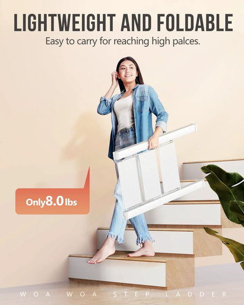 Person holding Three Step Folding Ladder For Home Use, Lightweight Aluminum Step Stool With Anti Slip Pedals, Easy Folding Mechanism