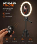 Woman holding remote in front of 50 Inch Ring Light With Stand And Phone Tripod LED Ring Light With Remote 3 Color Modes And 10 Brightness Levels For TikTok Zoom Makeup And Video Recording.
