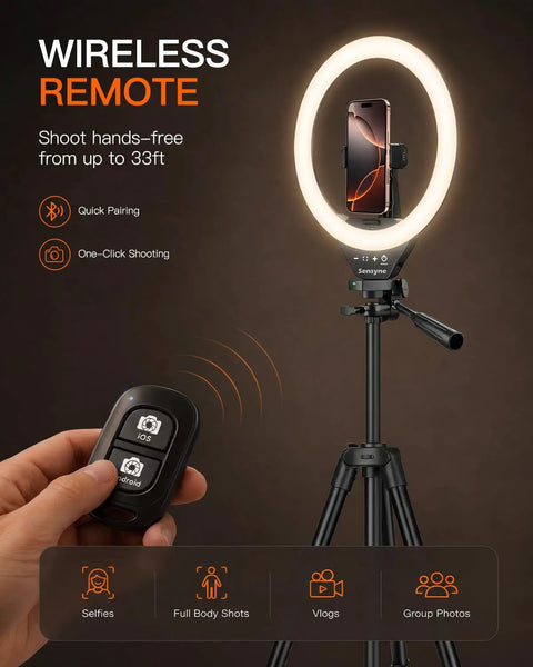 Woman holding remote in front of 50 Inch Ring Light With Stand And Phone Tripod LED Ring Light With Remote 3 Color Modes And 10 Brightness Levels For TikTok Zoom Makeup And Video Recording.
