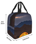 Desert Camping Print Go To Insulated Lunch Tote with dimensions; Oxford cloth design with aluminum foil, unisex use.