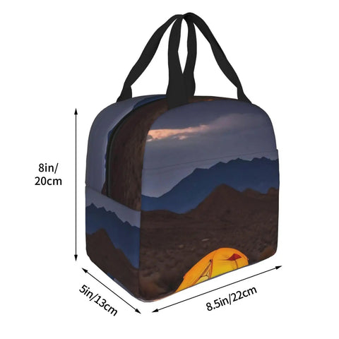 Desert Camping Print Go To Insulated Lunch Tote with dimensions; Oxford cloth design with aluminum foil, unisex use.