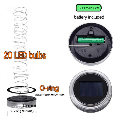 8 Pack Solar Mason Jar Lid Lights With 20 LED, showing solar panel, battery, O-ring, and LED coil detail view.
