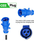 CEE plug for Heavy Duty Portable EV Charger With Type Two To Type One Adapter, blue color, shown from multiple angles.