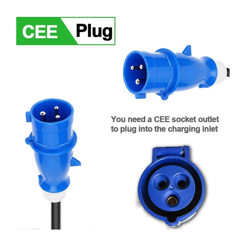 CEE plug for Heavy Duty Portable EV Charger With Type Two To Type One Adapter, blue color, shown from multiple angles.