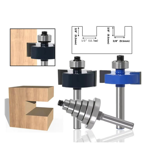 Awesome 3 Pc Quarter Inch Rabbet Router Bit Set With Six Bearings For Smooth Tenon Cutting And Versatile Woodworking Depth Adjustments, displayed with a sample cut in wood.