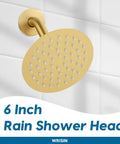 Brass 6-inch high pressure rain shower head shown installed on bathroom tile wall.