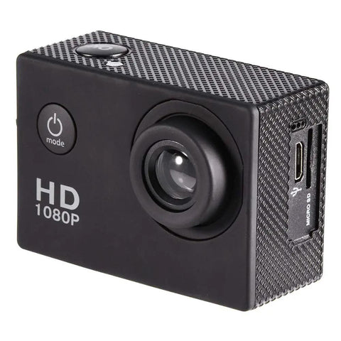 Front view of Go Anywhere Action Camera 1080P Full HD with 2 Inch LCD Screen Waterproof 30m Case Kit Black for extreme sports.